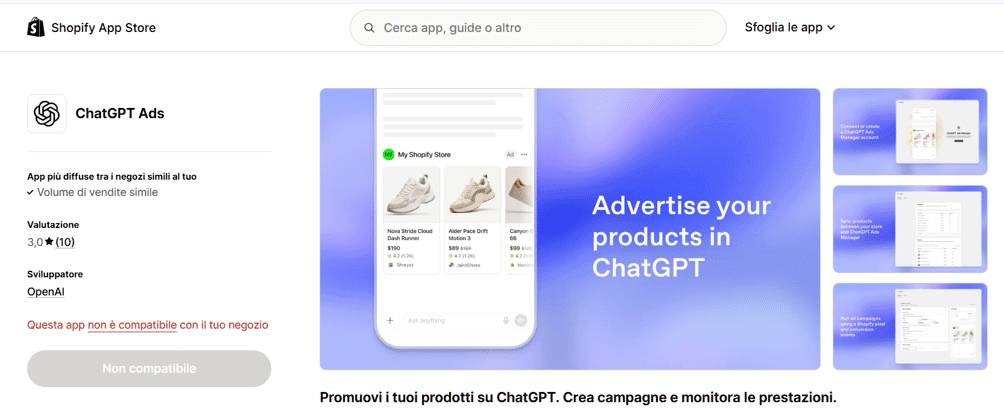 Collegamento partner ChatGPT Ads e Shopify per eCommerce