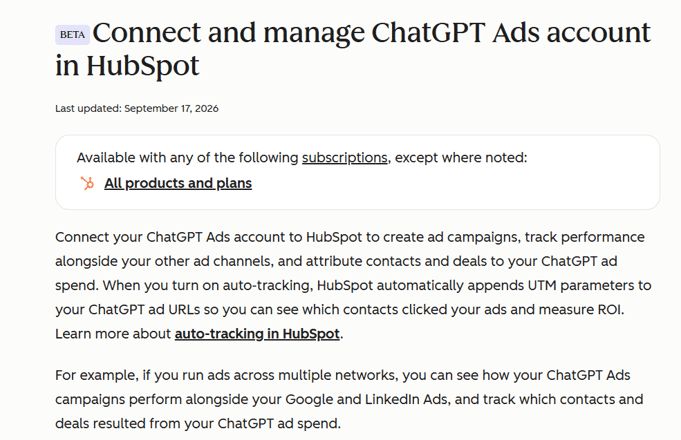 Collegamento partner ChatGPT Ads Hubspot per lead generation
